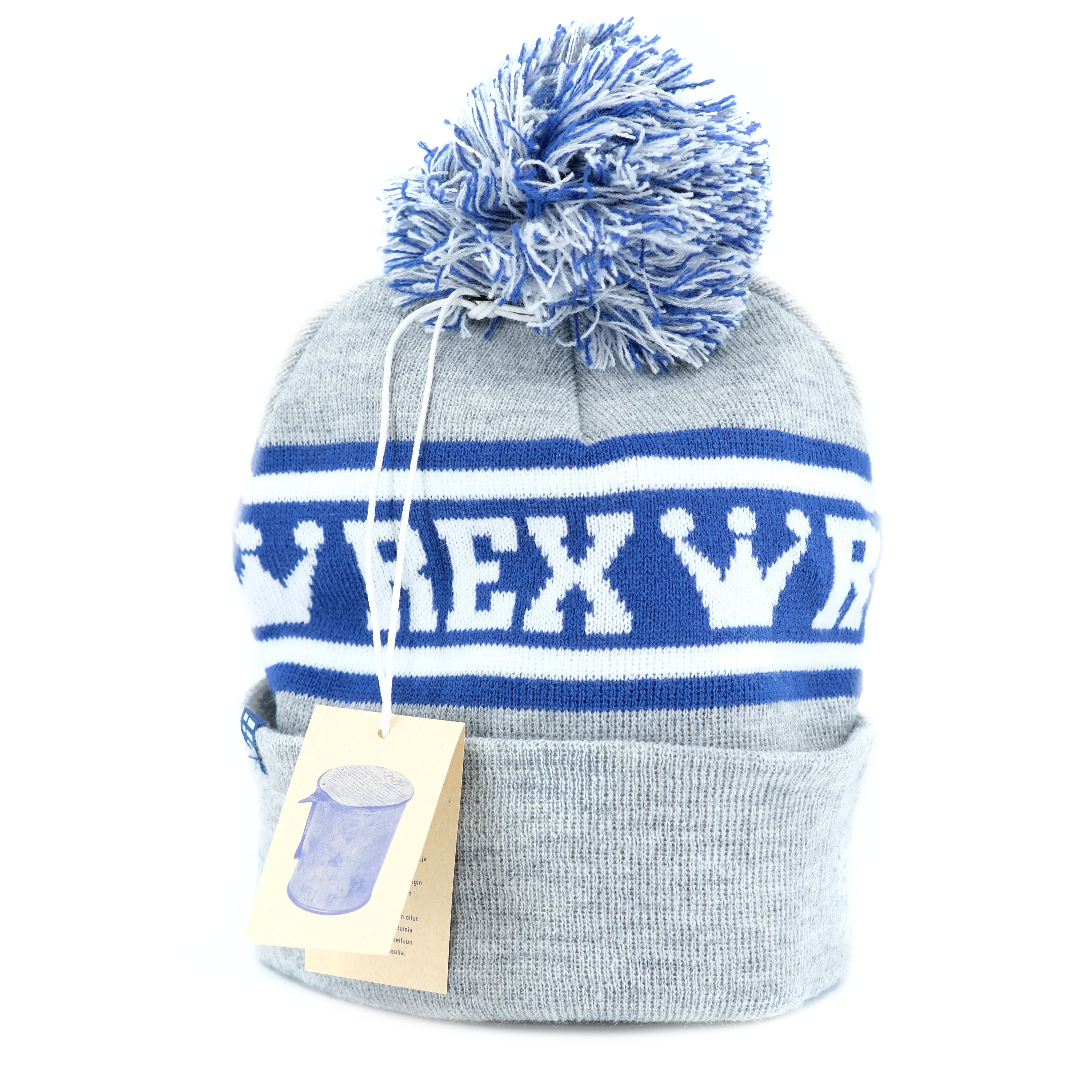 gray and blue knitted cross country ski hat